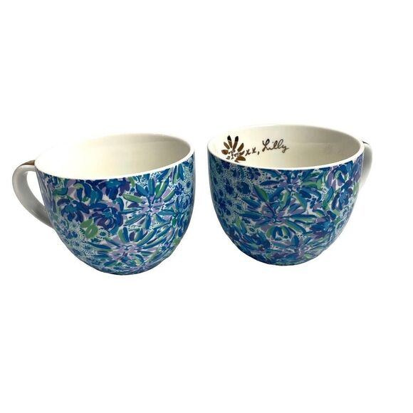 Set of 2 Lilly‎ Pulitzer tea coffee Mugs High Maintenance Blue Floral Cups - Picture 2 of 7